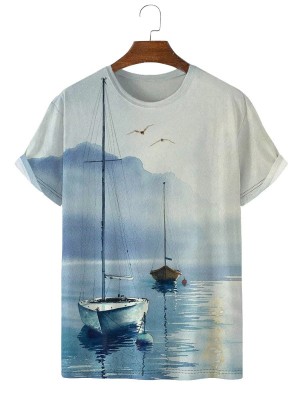 Art Hand Painted Watercolor Boat Short Sleeve T-Shirt